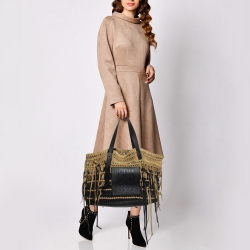 Pre Owned Loewe Black/Beige Suede and Leather Anagram Woven Fringe Tote