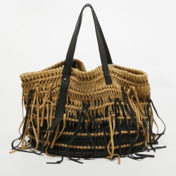 Pre Owned Loewe Black/Beige Suede and Leather Anagram Woven Fringe Tote
