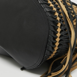 Pre Owned Loewe Black/Beige Suede and Leather Anagram Woven Fringe Tote