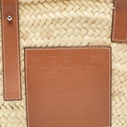 Pre Owned Loewe Beige/Brown Raffia and Leather Basket Tote