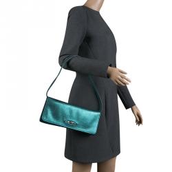 Longchamp Metallic Green Leather All Clutch 
