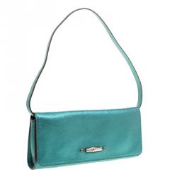 Longchamp Metallic Green Leather All Clutch 