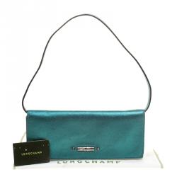 Longchamp Metallic Green Leather All Clutch 