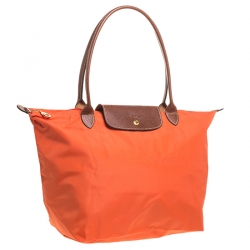Pre Owned Longchamp Orange Nylon and Leather Medium Le Pliage Tote