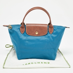 Longchamp Brown/Teal Blue Nylon and Leather Small Short Le Pliage Tote