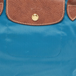 Longchamp Brown/Teal Blue Nylon and Leather Small Short Le Pliage Tote