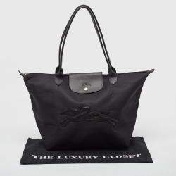 Pre Owned Longchamp Black Nylon and Leather Large Le Pliage Tote