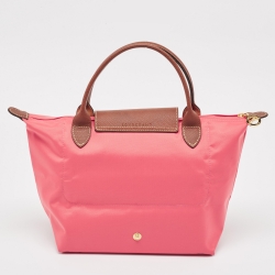 Pre Owned Longchamp Pink/Brown Nylon and Leather Small Short Le Pliage Tote
