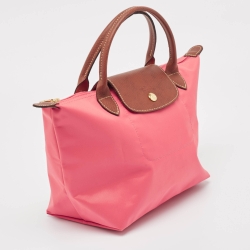 Pre Owned Longchamp Pink/Brown Nylon and Leather Small Short Le Pliage Tote
