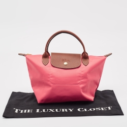 Pre Owned Longchamp Pink/Brown Nylon and Leather Small Short Le Pliage Tote