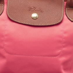 Pre Owned Longchamp Pink/Brown Nylon and Leather Small Short Le Pliage Tote