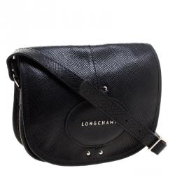 Pre Owned Longchamp Black Textured Leather Quadri Crossbody Bag