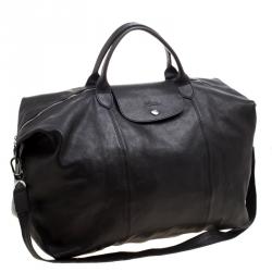 Pre Owned Long Champ Black Leather Oversize Le Pliage Tote