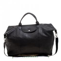 Pre Owned Long Champ Black Leather Oversize Le Pliage Tote