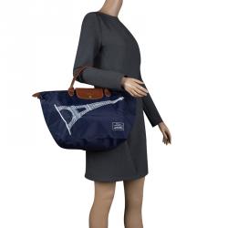 Pre Owned Longchamp Navy Blue Paris Print Nylon Medium Le Pliage Tote