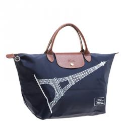Pre Owned Longchamp Navy Blue Paris Print Nylon Medium Le Pliage Tote