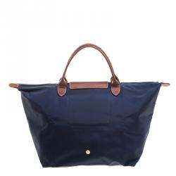 Pre Owned Longchamp Navy Blue Paris Print Nylon Medium Le Pliage Tote