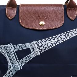 Pre Owned Longchamp Navy Blue Paris Print Nylon Medium Le Pliage Tote
