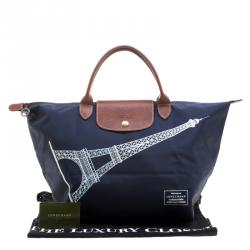Pre Owned Longchamp Navy Blue Paris Print Nylon Medium Le Pliage Tote