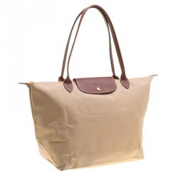 Pre Owned Longchamp Beige Coated Nylon Le Pliage Shoppiing Tote