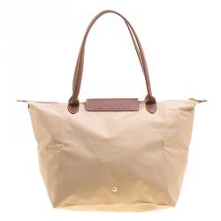 Pre Owned Longchamp Beige Coated Nylon Le Pliage Shoppiing Tote