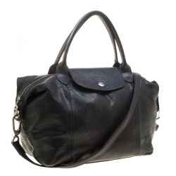 Pre Owned Longchamp Navy Blue Leather Small Le Pliage Tote