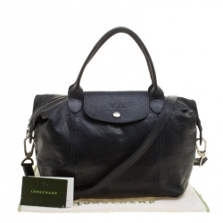 Pre Owned Longchamp Navy Blue Leather Small Le Pliage Tote