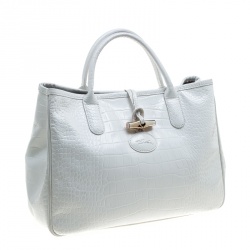 Pre Owned Longchamp White Glaze Croc Embossed Leather Roseau Tote