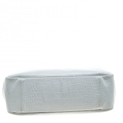 Pre Owned Longchamp White Glaze Croc Embossed Leather Roseau Tote