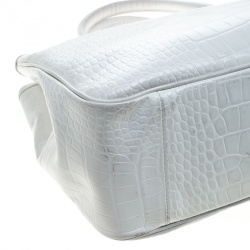 Pre Owned Longchamp White Glaze Croc Embossed Leather Roseau Tote