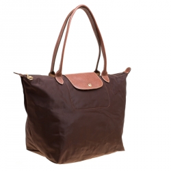 Pre Owned Longchamp Brown Nylon and Leather Medium Le Pliage Tote