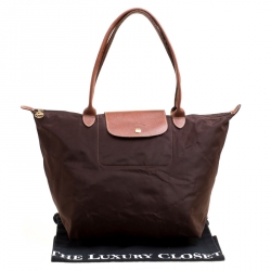 Pre Owned Longchamp Brown Nylon and Leather Medium Le Pliage Tote