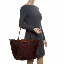 Pre Owned Longchamp Brown Nylon and Leather Medium Le Pliage Tote