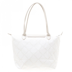 Longchamp White/Light Gold Logo Printed Coated Canvas Le Pliage Tote