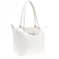 Longchamp White/Light Gold Logo Printed Coated Canvas Le Pliage Tote