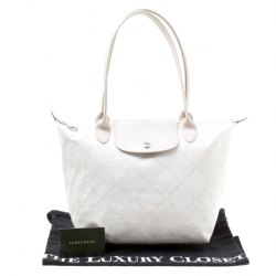 Longchamp White/Light Gold Logo Printed Coated Canvas Le Pliage Tote