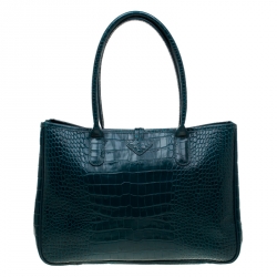 Pre Owned Longchamp Green Croc Embossed Leather Roseau Tote