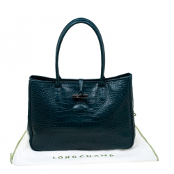 Pre Owned Longchamp Green Croc Embossed Leather Roseau Tote