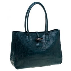 Pre Owned Longchamp Green Croc Embossed Leather Roseau Tote