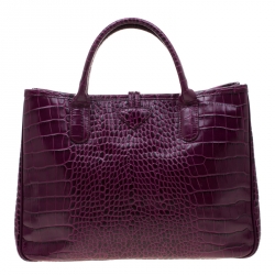 Pre Owned Longchamp Purple Croc Embossed Leather Roseau Tote
