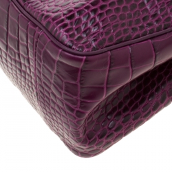 Pre Owned Longchamp Purple Croc Embossed Leather Roseau Tote