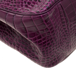 Pre Owned Longchamp Purple Croc Embossed Leather Roseau Tote