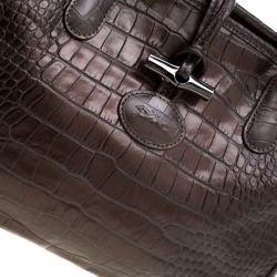 Pre Owned Longchamp Metallic Brown Croc Embossed Leather Roseau Tote