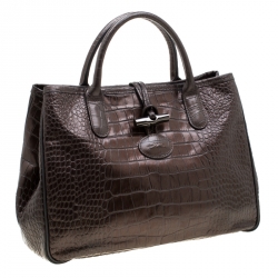 Pre Owned Longchamp Metallic Brown Croc Embossed Leather Roseau Tote