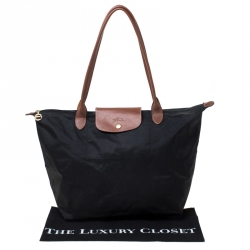 Pre Owned Longchamp Black Nylon and Leather Medium Le Pliage Tote