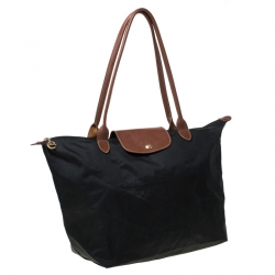 Pre Owned Longchamp Black Nylon and Leather Medium Le Pliage Tote