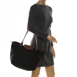 Pre Owned Longchamp Black Nylon and Leather Medium Le Pliage Tote