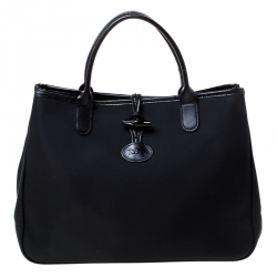Pre Owned Longchamp Black Nylon and Leather Roseau Tote
