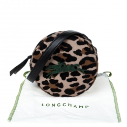 Longchamp Beige/Black Leopard Print and Leather Round Crossbody Bag