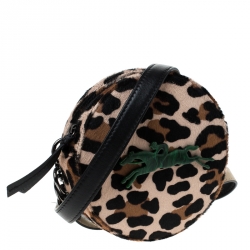 Longchamp Beige/Black Leopard Print and Leather Round Crossbody Bag